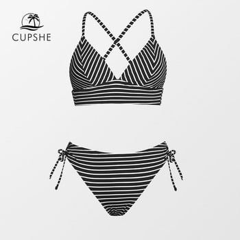 CUPSHE Stripe Triangle Mid Waist Σετ μπικίνι Γυναικεία Σέξι Lace Up Two Pieces Μαγιό μαγιό 2023