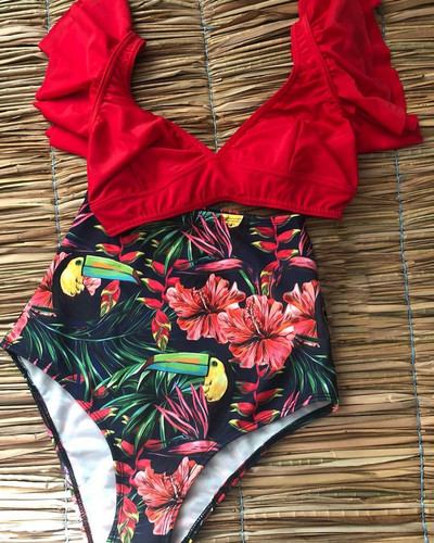 2023-as új bikini, virágos, fodros bikini szett női V-nyakú, magas derekú, kétrészes fürdőruha lány strand fürdőruha fürdőruha bikini