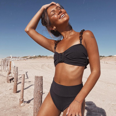 2023 m. „Soild“ maudymosi kostiumėlis „Halter“ bikinis, moteriškas maudymosi kostiumėlis aukštu juosmeniu, maudymosi kostiumėlis, paplūdimio apranga „Bandeau Biquini“