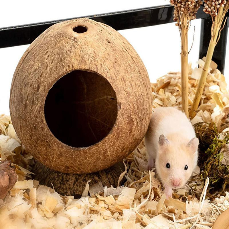 Casă din coajă de nucă de cocos Ascunzătoare pentru hamsteri Cușcă pentru animale mici Decor pentru habitat Jucărie de mestecat Casă de ascunzătoare pentru gerbili Soareci Deschidere gaură