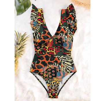 Deep V Colorblock Print Ruffle Open Back Holiday Beachwear 2022 Νέο ολόσωμο μαγιό και Cover Up Halter Summer Surf Wear