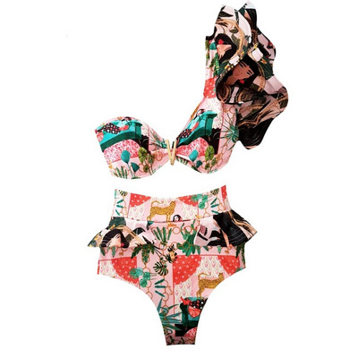 Spausdinti ant vieno peties moteriškas bikinis, 2022 m. naujas maudymosi kostiumėlis su diržu bikinio komplektas Push Up maudymosi kostiumėliai Mieli bikini paplūdimio drabužiai plaukimui