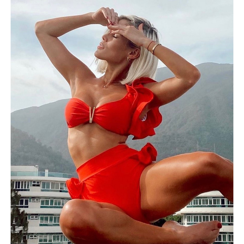 Spausdinti ant vieno peties moteriškas bikinis, 2022 m. naujas maudymosi kostiumėlis su diržu bikinio komplektas Push Up maudymosi kostiumėliai Mieli bikini paplūdimio drabužiai plaukimui