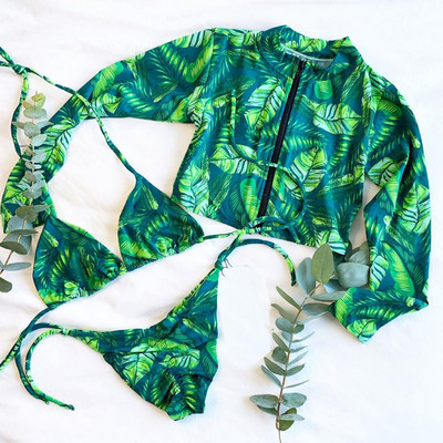 2022 új női fürdőruha 3 db bikini szett gyöngy hosszú ujjú bikini strandruha női fürdőruha Soild Criss-Cross biquini