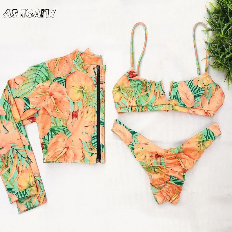2022 új női fürdőruha 3 db bikini szett gyöngy hosszú ujjú bikini strandruha női fürdőruha Soild Criss-Cross biquini