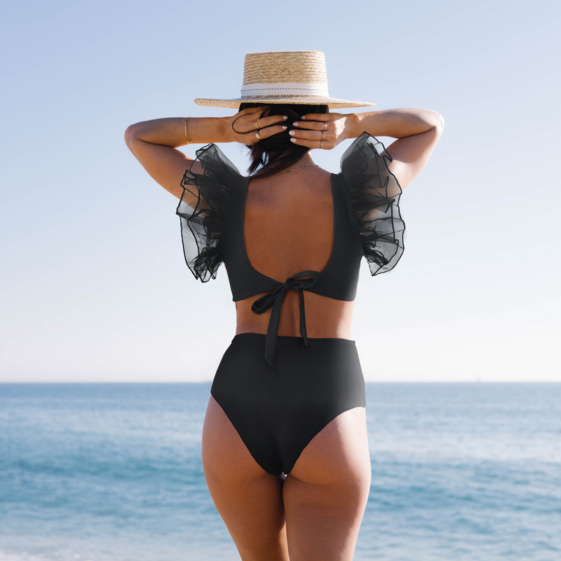 Tinklinis maudymosi kostiumėlis su aukštu juosmeniu, moteriškas maudymosi kostiumėlis 2022 m. Bikini V kaklo bikinių rinkinys maudymosi kostiumėlis Naujas lapelių spausdinimas Biquini Maillot de bain