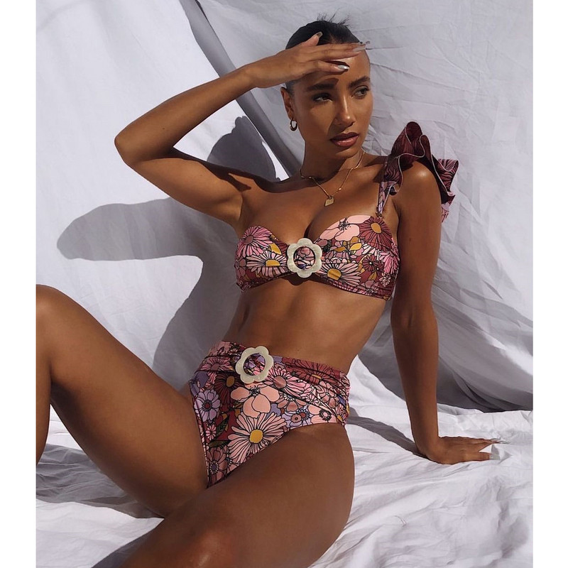 Vieno peties bikini maudymosi kostiumėlis Moteriški maudymosi kostiumėliai su dvigubu raukiniu dviejų dalių rinkinys Bikini Retro paplūdimio maudymosi kostiumėliai