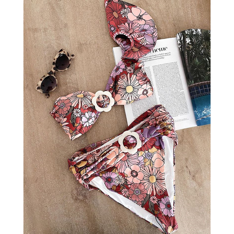 Vieno peties bikini maudymosi kostiumėlis Moteriški maudymosi kostiumėliai su dvigubu raukiniu dviejų dalių rinkinys Bikini Retro paplūdimio maudymosi kostiumėliai