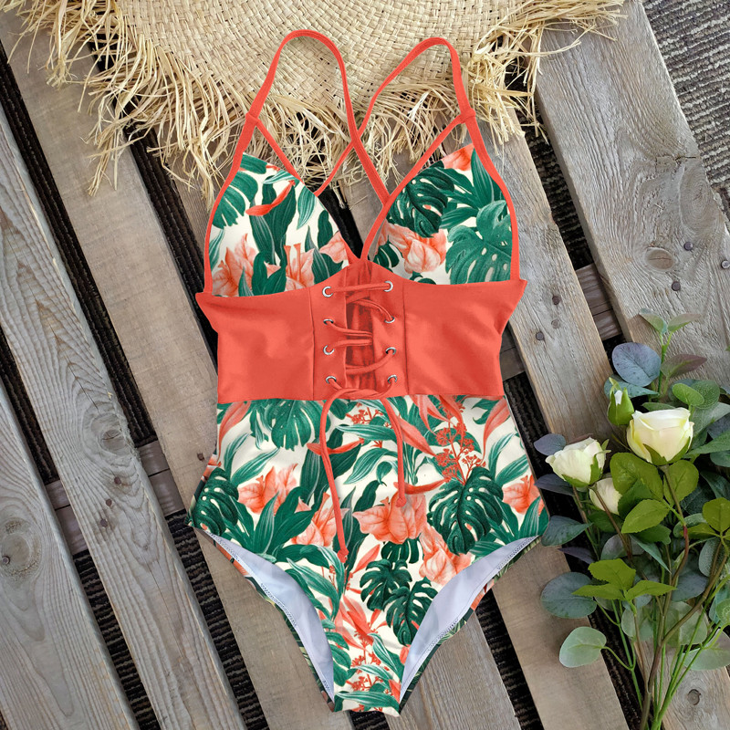 2021-es új haskontroll Wasit Push Up fürdőruha mintás fürdőruha Vintage Retro fürdőruhák Body Strand Wear Backless