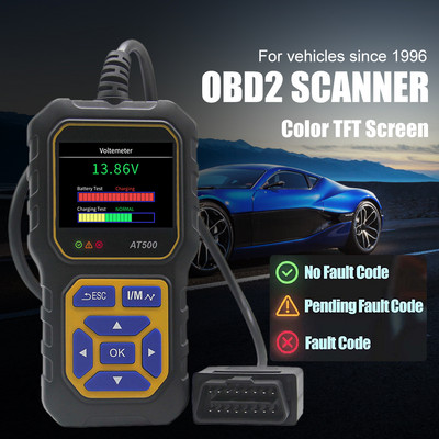 AT500 automašīnas OBD2 skenera diagnostikas rīka kodu lasītājs dzinēja palaišanas uzlādes tests OBDII transportlīdzekļiem kopš 1996. gada Automobiļu rīki
