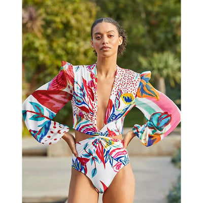 Hosszú ujjú egyrészes fürdőruha, 2023-as fodros fürdőruha Szexi fürdőruha női nyomtatott fürdőruha String Beach Wear fürdőruha