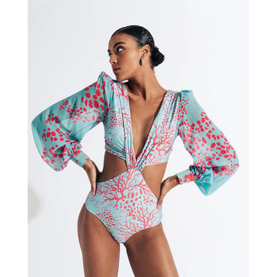 Hosszú ujjú egyrészes fürdőruha, 2023-as fodros fürdőruha Szexi fürdőruha női nyomtatott fürdőruha String Beach Wear fürdőruha