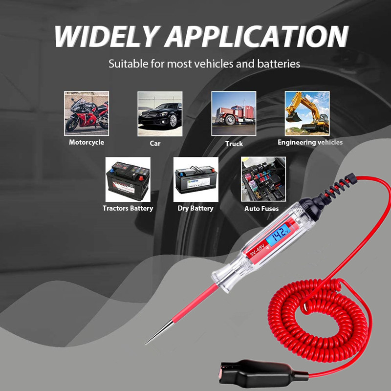 3–48 V automobilių sunkvežimių skaitmeninis LCD grandinės testeris su 11 pėdų vielos automobilio grandinės linijos bandymo rašiklio įtampos matuokliu ir lempos zondo diagnostikos įrankiu