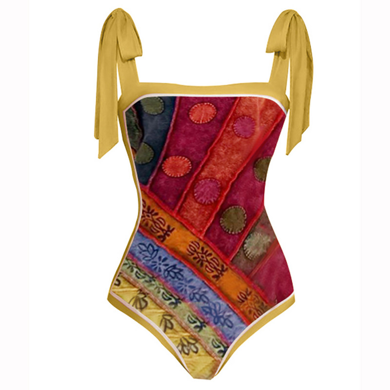 Costum de baie pentru femei Costum de baie dintr-o singură piesă Bikini cu imprimeu vintage colorblock cu acoperire Îmbrăcăminte de plajă de vară Costum de baie push up