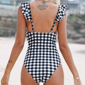 Ολόσωμο μαγιό Fashion καρό μαγιό Sexy Hollow Out Ruffle Holiday Summer Beach Wear Γυναικείο μαγιό εξώπλατο