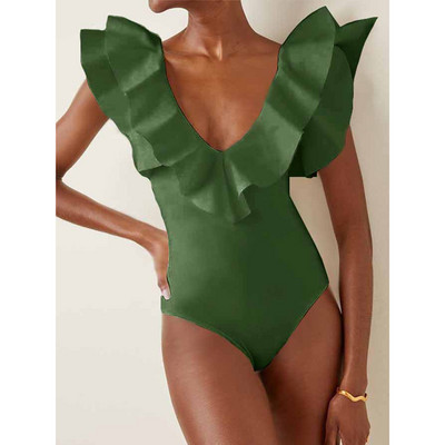 Culoare uni Volanat cu decolteu în V Moda 2022 Nou, elegant, fără spate, de vacanță, costum de baie într-o bucată, subțire, talie înaltă, elegant, fără sudură