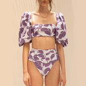 Дамски бански костюм с издути ръкави, две части с разцепени стави и пола, секси бандаж, бански костюм с висока талия, моден комплект бикини, плажно облекло