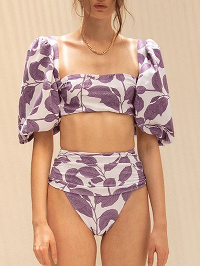 Дамски бански костюм с издути ръкави, две части с разцепени стави и пола, секси бандаж, бански костюм с висока талия, моден комплект бикини, плажно облекло