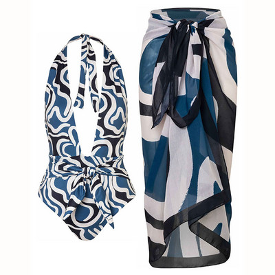 Fashion Deep-v Beachwear 2022 Νέο ολόσωμο μαγιό και Cover Up Halter Beachwear Sexy Lacing Up Σετ μπικίνι καλοκαιρινό μαγιό