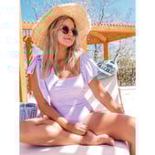 Moterų tvirtas kvadratinis kaklo, rankovės paminkštintas šventinis maudymosi kostiumėlis Purpurinis dizainerio maudymosi kostiumėlis vasaros banglenčių sportui, asimetrinė paplūdimio apranga