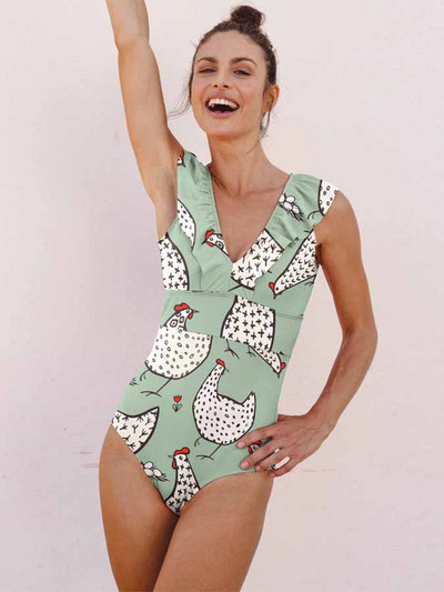 2022 г. Нови дамски бикини с щампи с волани с V-образно деколте Едно парче секси плажно облекло с отворен гръб с висока талия Безшевни модни бански костюми