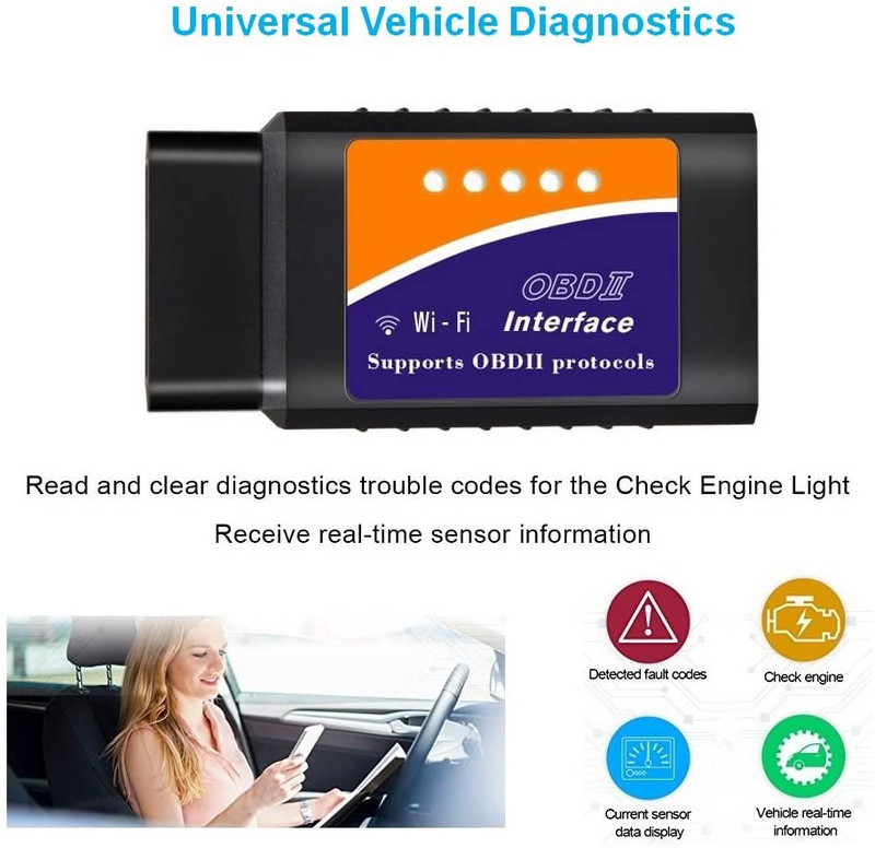 WiFi OBD2 V1.5/2.1 Προσαρμογέας σαρωτή Αυτόματη ανάγνωση κωδικού διάγνωσης & Εργαλείο σάρωσης για iOS Android Windows Read & Clear Car Check Engine