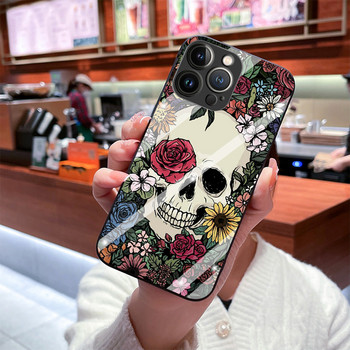 Θήκη για Iphone 14Pro 12 13 11 Pro Max 7 8 Plus XR XS X Mini SE Retro Style Flower Skull Tempered Glass Cover Iphone14 Fundas