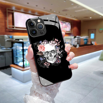 Θήκη για Iphone 14Pro 12 13 11 Pro Max 7 8 Plus XR XS X Mini SE Retro Style Flower Skull Tempered Glass Cover Iphone14 Fundas