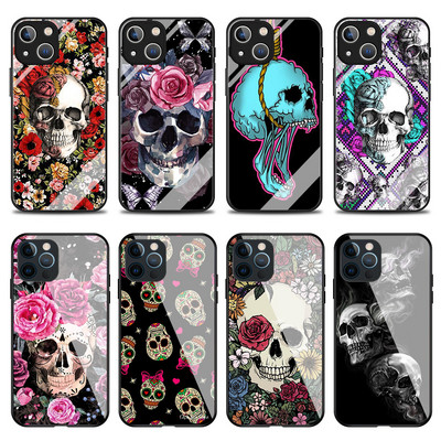 Θήκη για Iphone 14Pro 12 13 11 Pro Max 7 8 Plus XR XS X Mini SE Retro Style Flower Skull Tempered Glass Cover Iphone14 Fundas