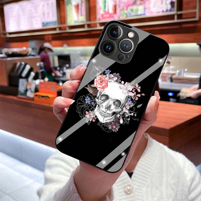 Θήκη για Iphone 14Pro 12 13 11 Pro Max 7 8 Plus XR XS X Mini SE Retro Style Flower Skull Tempered Glass Cover Iphone14 Fundas
