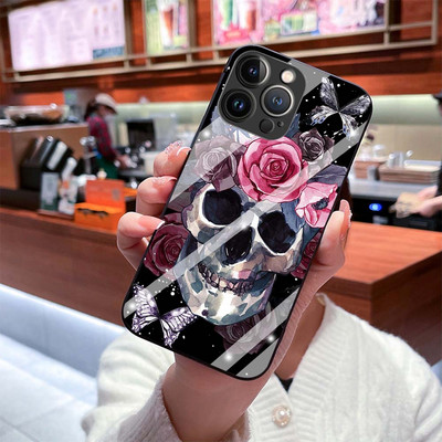 Θήκη για Iphone 14Pro 12 13 11 Pro Max 7 8 Plus XR XS X Mini SE Retro Style Flower Skull Tempered Glass Cover Iphone14 Fundas
