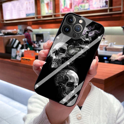 Θήκη για Iphone 14Pro 12 13 11 Pro Max 7 8 Plus XR XS X Mini SE Retro Style Flower Skull Tempered Glass Cover Iphone14 Fundas