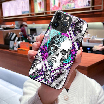 Θήκη για Iphone 14Pro 12 13 11 Pro Max 7 8 Plus XR XS X Mini SE Retro Style Flower Skull Tempered Glass Cover Iphone14 Fundas