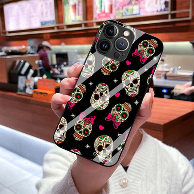Θήκη για Iphone 14Pro 12 13 11 Pro Max 7 8 Plus XR XS X Mini SE Retro Style Flower Skull Tempered Glass Cover Iphone14 Fundas