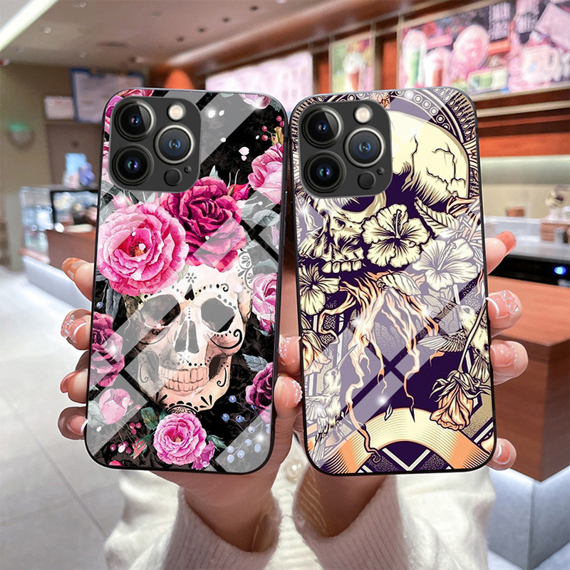 Θήκη για Iphone 14Pro 12 13 11 Pro Max 7 8 Plus XR XS X Mini SE Retro Style Flower Skull Tempered Glass Cover Iphone14 Fundas