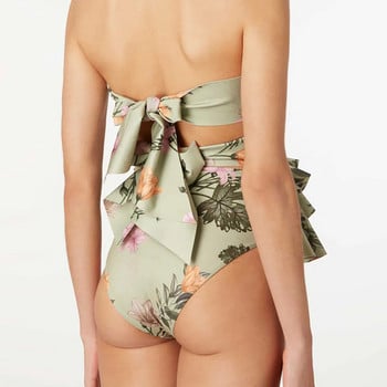 Fashion One Shoulder Swimwear Σέξι βολάν με φλοράλ στάμπα Split μαγιό Hollow Out Σετ μπικίνι με λαιμόκοψη V με κορδόνια επάνω στην παραλία Wear Luxury