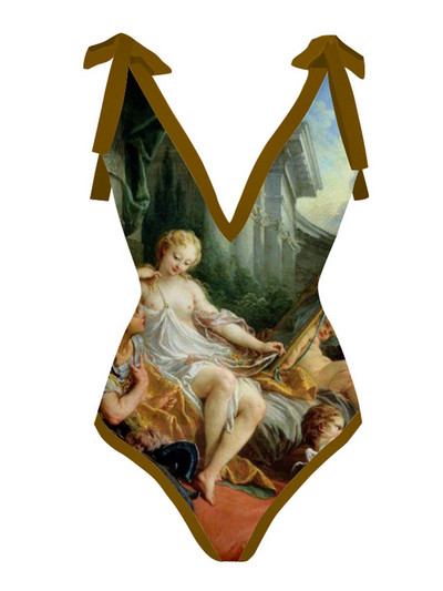Retro olajfestmény nyomat egyrészes fürdőruha és Cover Up szexi fűzős Deep-v strandruha női fürdőruha háromszög bikini szett