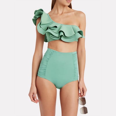 Bikini cu volane sexy de culoare solidă Costume de baie din două piese Moda pentru umăr Costume de baie cu talie înaltă îmbrăcăminte de plajă de vară Îmbrăcăminte de surf fără spate