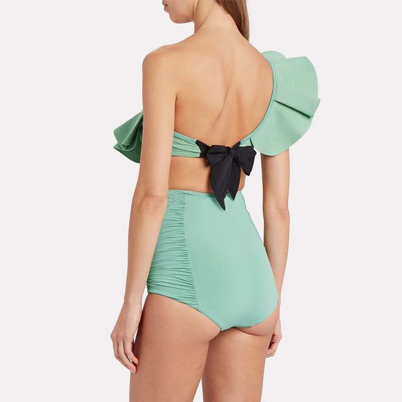 Bikini cu volane sexy de culoare solidă Costume de baie din două piese Moda pentru umăr Costume de baie cu talie înaltă îmbrăcăminte de plajă de vară Îmbrăcăminte de surf fără spate