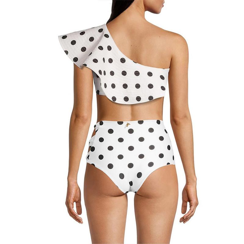 Ženski kupaći kostim od 2 komada, asimetrični kupaći kostim visokog struka, modni dizajnerski ljetni kupaći kostim s točkicama s printom na volane