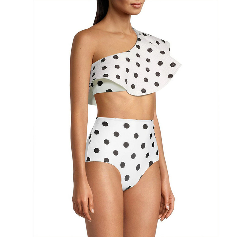 Ženski kupaći kostim od 2 komada, asimetrični kupaći kostim visokog struka, modni dizajnerski ljetni kupaći kostim s točkicama s printom na volane