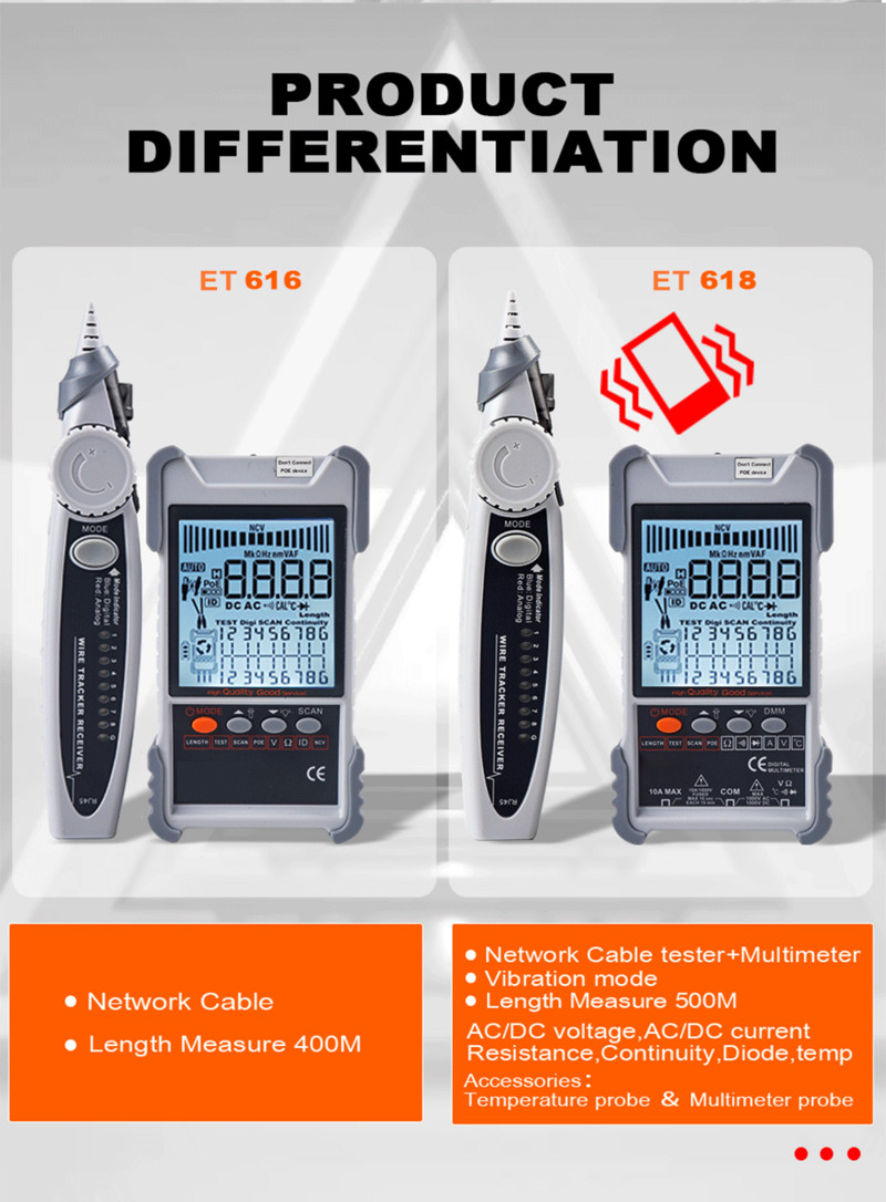 ET616 ET618 2 u 1 tester mrežnog kabela, multimetar s LCD zaslonom, analogno digitalno pretraživanje, POE uparivanje, Wiremap, tester osjetljivosti