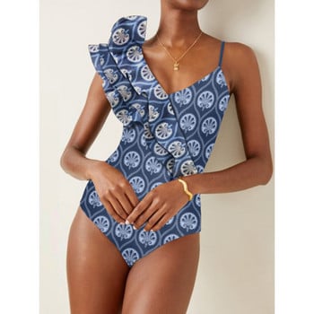 Fashion Print Ruffle Ολόσωμο μαγιό Holiday Beach Wear Asymmetrical Swimwear Designer μαγιό