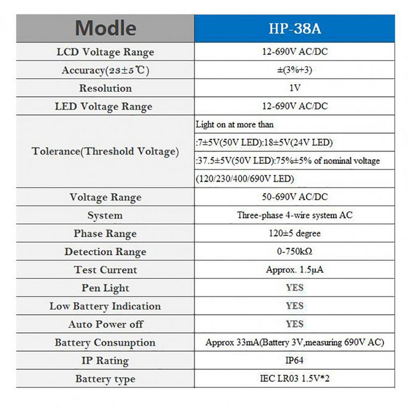 HP-38A Feszültségvizsgáló LCD kijelző Pontos mérés Lángálló IP64 toll típusú digitális multiméter lámpafénnyel körhöz