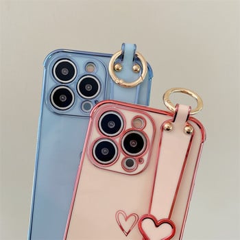 Калъф за телефон с лента за китка Love Heart за iPhone 14 11 12 13 Pro Max Mini 7 8 Plus XS XR X SE Твърдо устойчиво на удари покритие Fundas