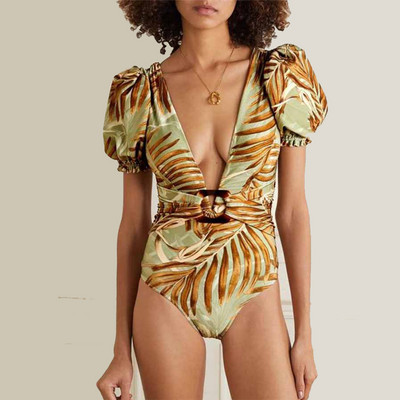 Costum de baie cu imprimeu retro cu decolteu în V adânc pentru femeie