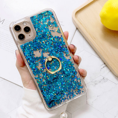 Csillogó telefontok iPhone SE 11 Pro Max XS Max X XR 6S 6 7 8 Plus folyékony homokos tok ujjgyűrűvel, Bling flitterekkel