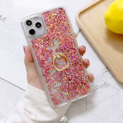 Csillogó telefontok iPhone SE 11 Pro Max XS Max X XR 6S 6 7 8 Plus folyékony homokos tok ujjgyűrűvel, Bling flitterekkel