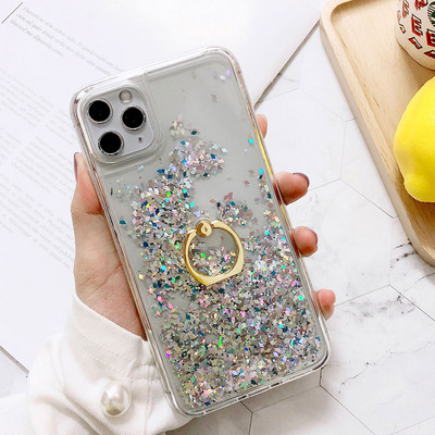 Csillogó telefontok iPhone SE 11 Pro Max XS Max X XR 6S 6 7 8 Plus folyékony homokos tok ujjgyűrűvel, Bling flitterekkel