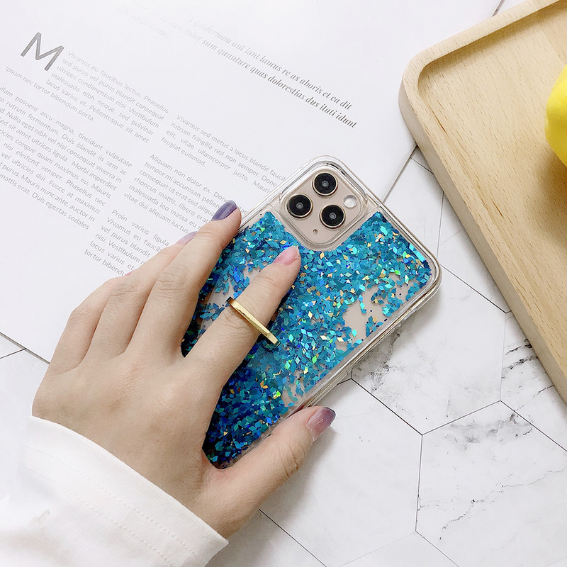 Csillogó telefontok iPhone SE 11 Pro Max XS Max X XR 6S 6 7 8 Plus folyékony homokos tok ujjgyűrűvel, Bling flitterekkel